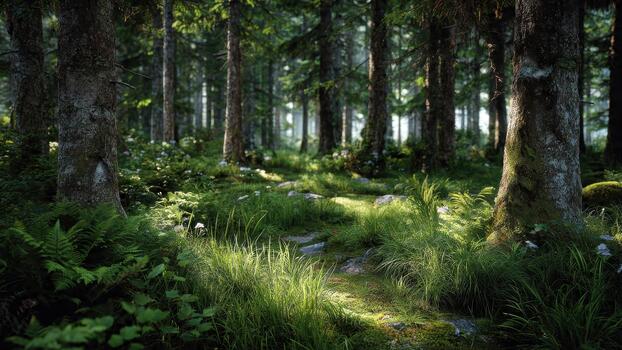 Lush sunlit forest floor scene with dense green undergrowth and towering tree trunks photo