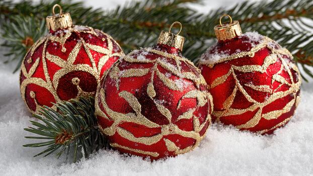 Three glittery red and gold patterned Christmas ornaments resting in white snow with pine branches photo