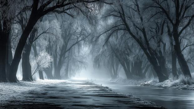Dark frosty trees line a path beside a winding misty river during winter photo
