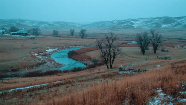 Wide view of a winding river in a valley with bare trees distant hills and farm buildings photo
