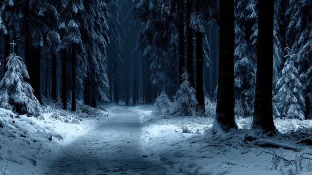 Snowy path winds through a dark dense evergreen forest covered in heavy winter frost photo