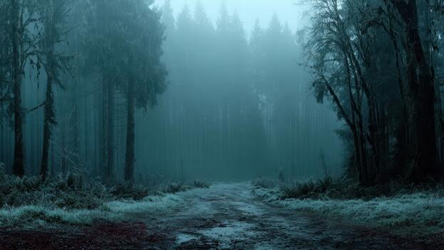 Misty coniferous forest path with frost covered ground and dark evergreen trees photo
