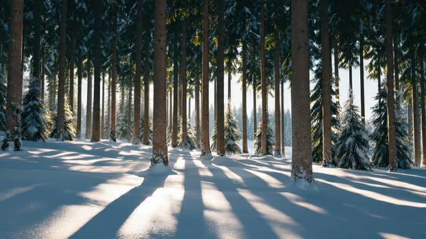 Tall pine trees stand in a snowy winter forest with long shadows cast across the bright white ground 101 characters photo