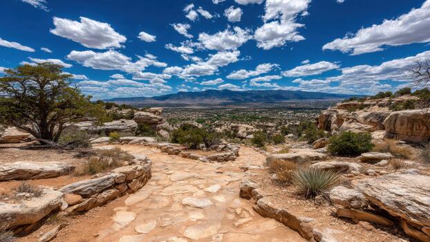 Stone pathway overlooking desert vista with mesa background beneath bright blue sky photo