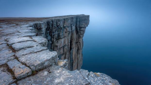 Steep gray rock cliff edge dropping into deep blue misty ocean water under an overcast sky photo