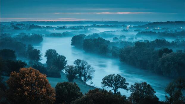 Misty river flows through dark green tree line under a dim blue twilight sky photo