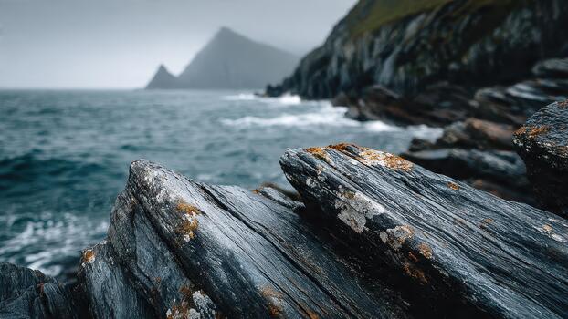 Close up of dark textured coastal rocks with lichen beside a choppy ocean and distant misty mountains photo