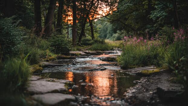 Shallow forest stream flows over stones reflecting warm sunset light through dark trees photo