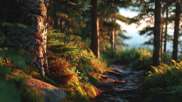 Sunlight illuminates a rugged forest path bordered by mossy rocks and pine trees at sunset photo