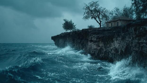 Turbulent dark ocean waves crash against a rugged stone cliff featuring a small house photo