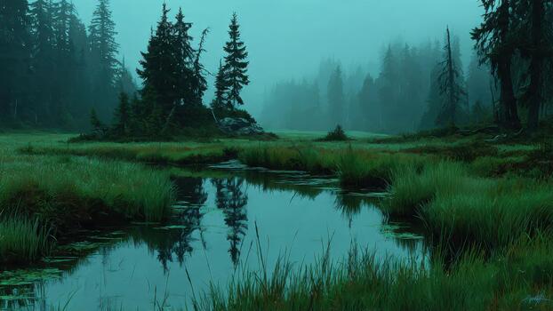 Serene wilderness swamp scene with dark evergreen trees reflected in still water under fog photo