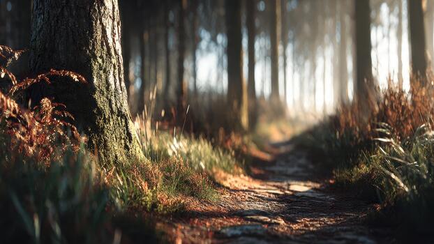 Forest path winding through tall trees with strong sunlight illuminating mossy tree trunk and undergrowth photo