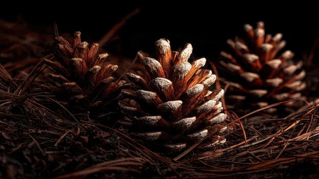 Close up view of three brown pine cones resting on dark brown forest needles and soil photo