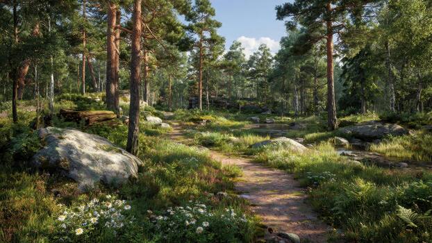 Sunlight illuminates a dirt path winding through a lush summer forest with pine trees and wildflowers photo