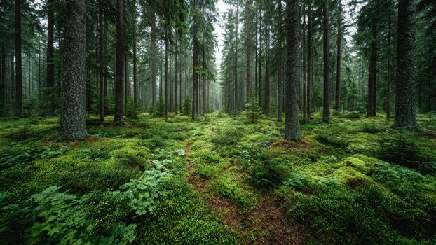 Dense coniferous forest with a mossy ground cover and a narrow path winding through tall tree trunks photo