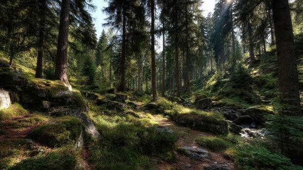Sunlit moss covered boulders and thick coniferous trees line a forest path near a small stream photo