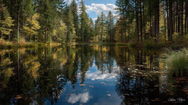 Calm forest pond reflects towering evergreen trees and bright blue sky with white clouds photo