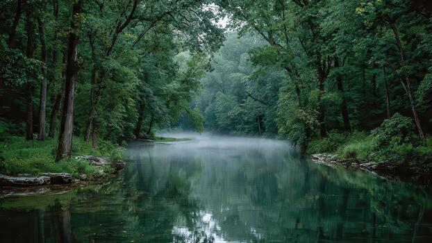 Misty river winding through a dense dark green forest with tree reflections on water photo