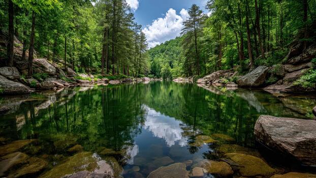 Calm forest river with tree reflections and clear blue sky visible in the water surface photo