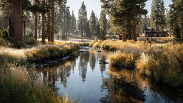 Serene forest stream reflecting tall pine trees with golden meadow grass and distant wooden cabins photo