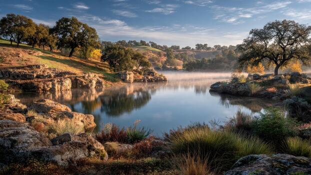 Tranquil misty lake surface reflecting rolling hills and scattered oak trees under a blue sky photo