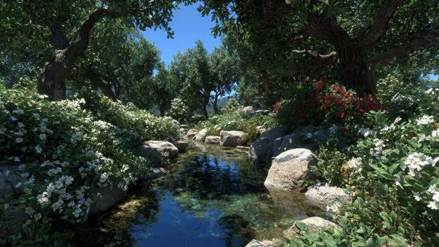 Clear stream flows through a lush summer garden with flowering shrubs and old trees photo