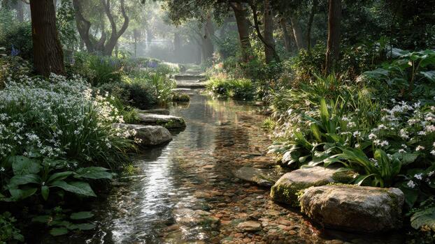 Sunlight streams through dense woods illuminating a shallow rocky forest stream bordered by white flowering plants photo
