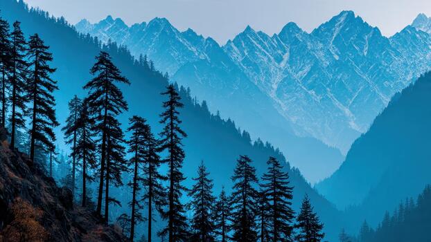 Silhouetted pine trees ascend a steep slope against a backdrop of hazy blue mountain ranges photo