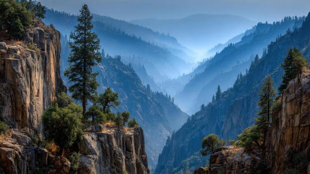 Steep granite canyon walls rise above a hazy layered valley filled with distant evergreen trees photo