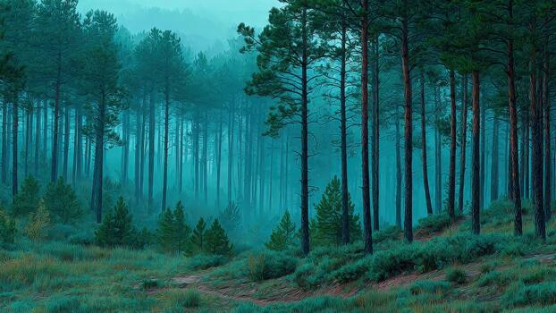Tall pine trees rise through a misty turquoise forest with a grassy foreground path photo