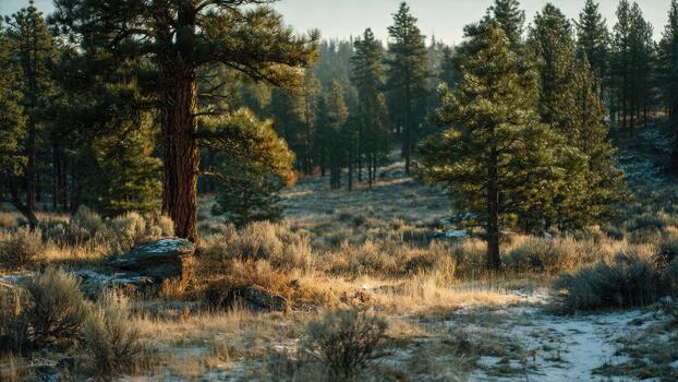 Sunlight illuminates pine forest edge with brush and patches of morning frost or light snow photo
