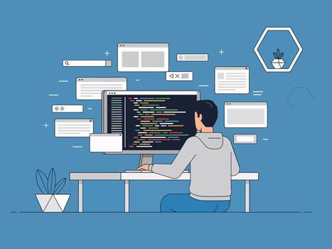 programador trabajando en un computadora con múltiple ventanas abierto vector