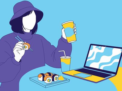 Enjoying Sushi and a Drink While Working on a Laptop vector
