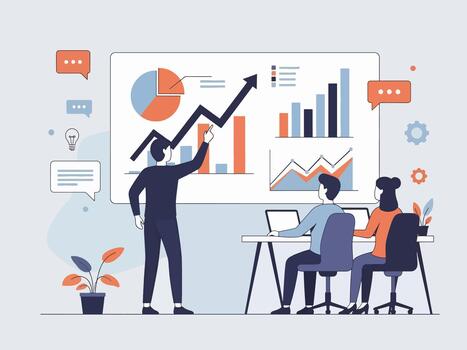 Business meeting with presentation of growth chart and team collaboration vector