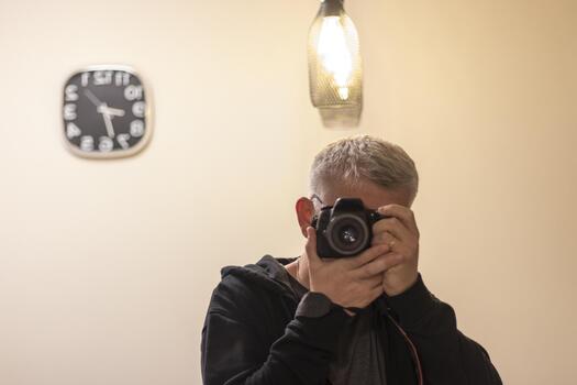 Man making a self portrait in the mirror using digital camera. Concept photo