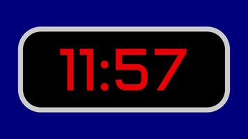 Countdown timer from 12 minute to 11 minute digital with bright red numbers on a black display and blue background video