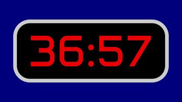 Countdown timer from 37 minute to 36 minute digital with bright red numbers on a black display and blue background video