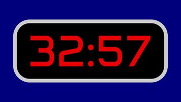 Countdown timer from 33 minute to 32 minute digital with bright red numbers on a black display and blue background video