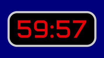 Countdown timer from 60 minute to 59 minute digital with bright red numbers on a black display and blue background video