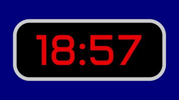 Countdown timer from 19 minute to 18 minute digital with bright red numbers on a black display and blue background video