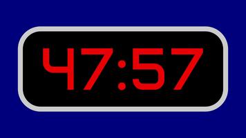 Countdown timer from 48 minute to 47 minute digital with bright red numbers on a black display and blue background video