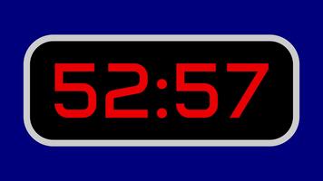 Countdown timer from 53 minute to 52 minute digital with bright red numbers on a black display and blue background video