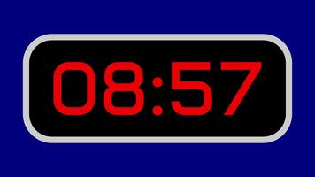 Countdown timer from 9 minute to 8 minute digital with bright red numbers on a black display and blue background video