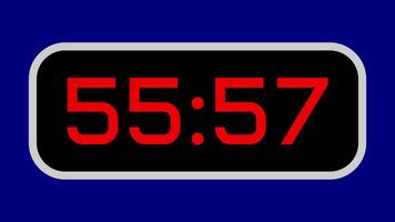 Countdown timer from 56 minute to 55 minute digital with bright red numbers on a black display and blue background video