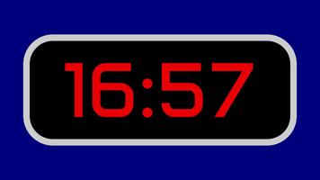 Countdown timer from 17 minute to 16 minute digital with bright red numbers on a black display and blue background video