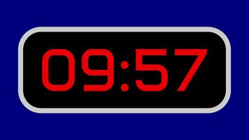 Countdown timer from 10 minute to 9 minute digital with bright red numbers on a black display and blue background video