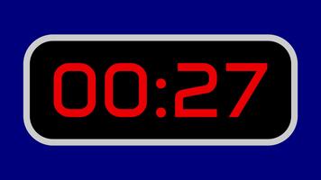 30 second countdown timer digital with bright red numbers on a black display and blue background suitable for editing, presentations, scoreboard graphics, and digital display animations video