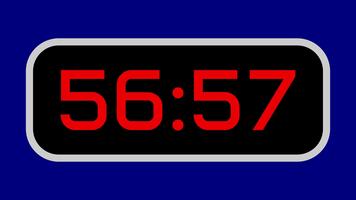 Countdown timer from 57 minute to 56 minute digital with bright red numbers on a black display and blue background video