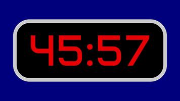 Countdown timer from 46 minute to 45 minute digital with bright red numbers on a black display and blue background video