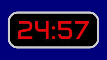 Countdown timer from 25 minute to 24 minute digital with bright red numbers on a black display and blue background video